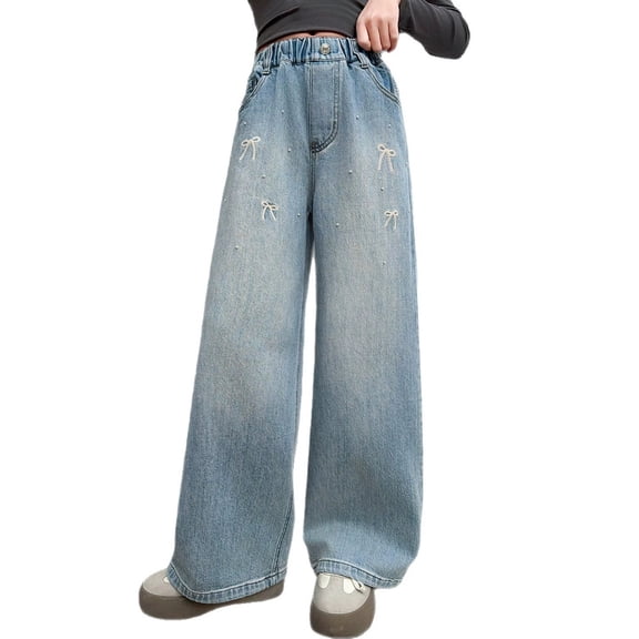 Girls Embroidered Wide Leg Jeans Pearl Detail Denim Pants – Trendy Casual Trousers with Fashion Street Style Design for School Everyday Wear Age 5-16