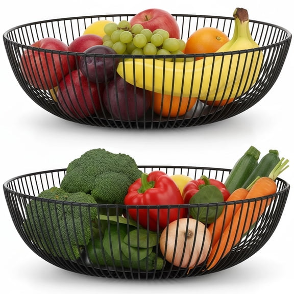 2 Pcs Wire Fruit Basket Set, Round Metal Fruit Bowl, Open Design Decorative Bowl, 11 Inch Diameter Countertop Basket Organizer for Fruits, Vegetables, and Snacks