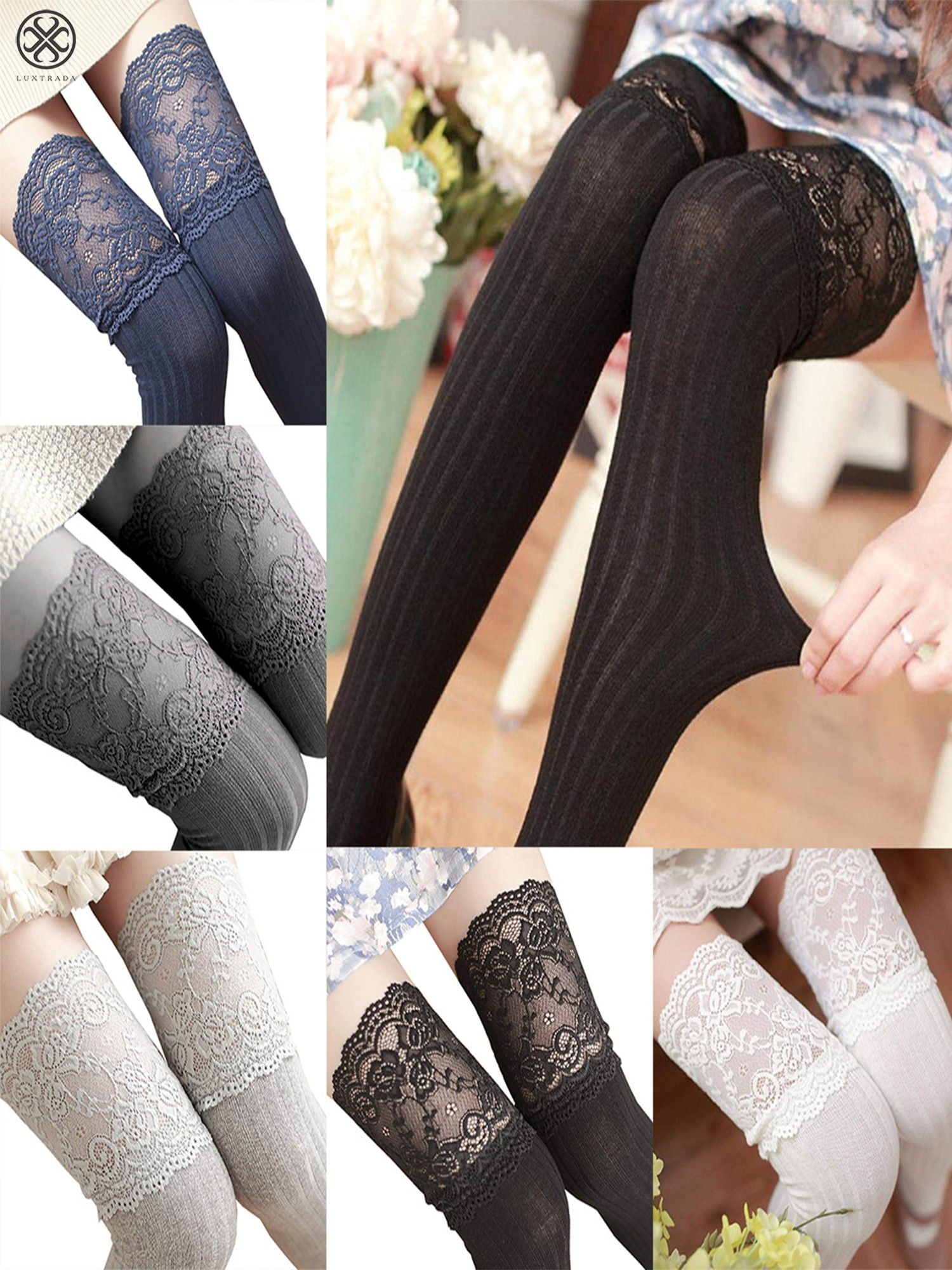 Luxtrada Luxtrada Women Lace Trim Thigh High Over The Knee Socks Long Cotton Solid Color