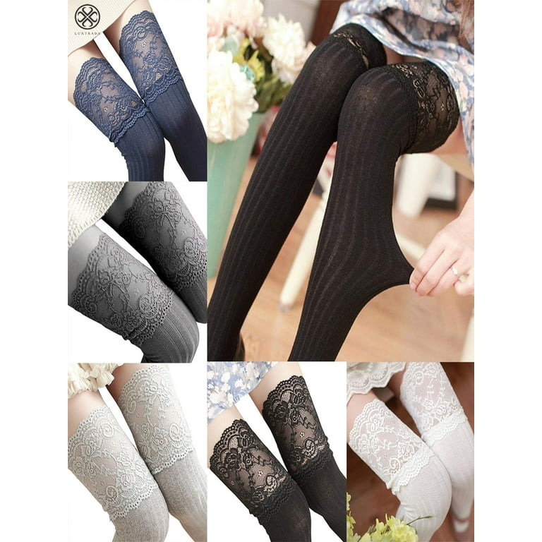 Lace trim knee-high-like tights