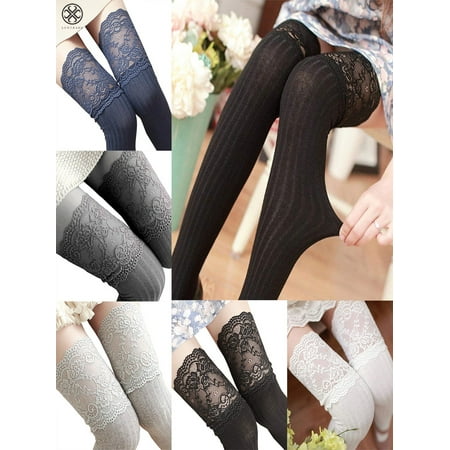 

Luxtrada Women Lace Trim Thigh High Over The Knee Socks Long Solid Color Opaque Sexy Warm Stockings (Navy Blue)