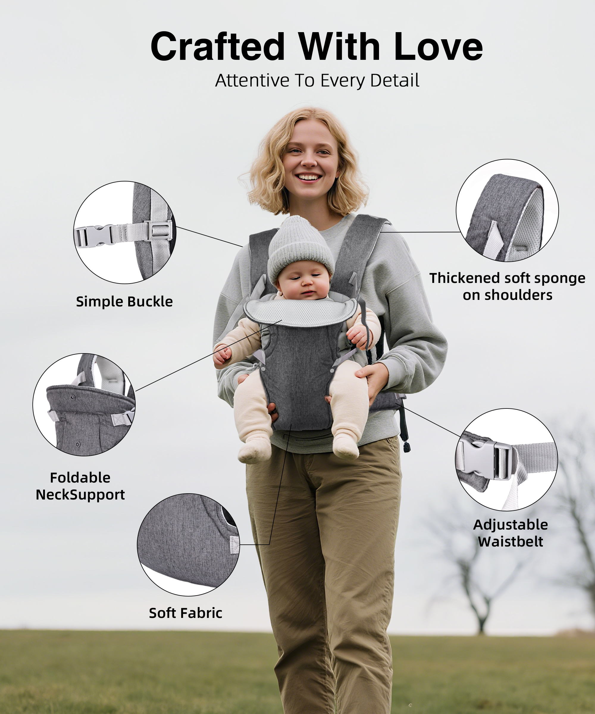 RUPOUN 4-Position Convertible Baby Carrier, Gray photo 6