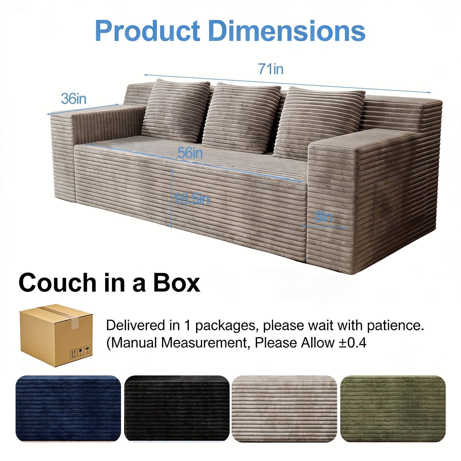 HSUNNS 71" 3 Setaser Sofa, Comfy Extra Deep Seat 3 Seater Couch for Living Room with Soft Upholstered and Side Pockets, Free 3 Pillows, No Assembly Required, Grey