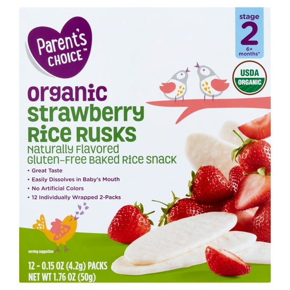 Parent's Choice Organic Strawberry Rice Rusks Baby Snacks, 0.15 oz Box (12 Pack)