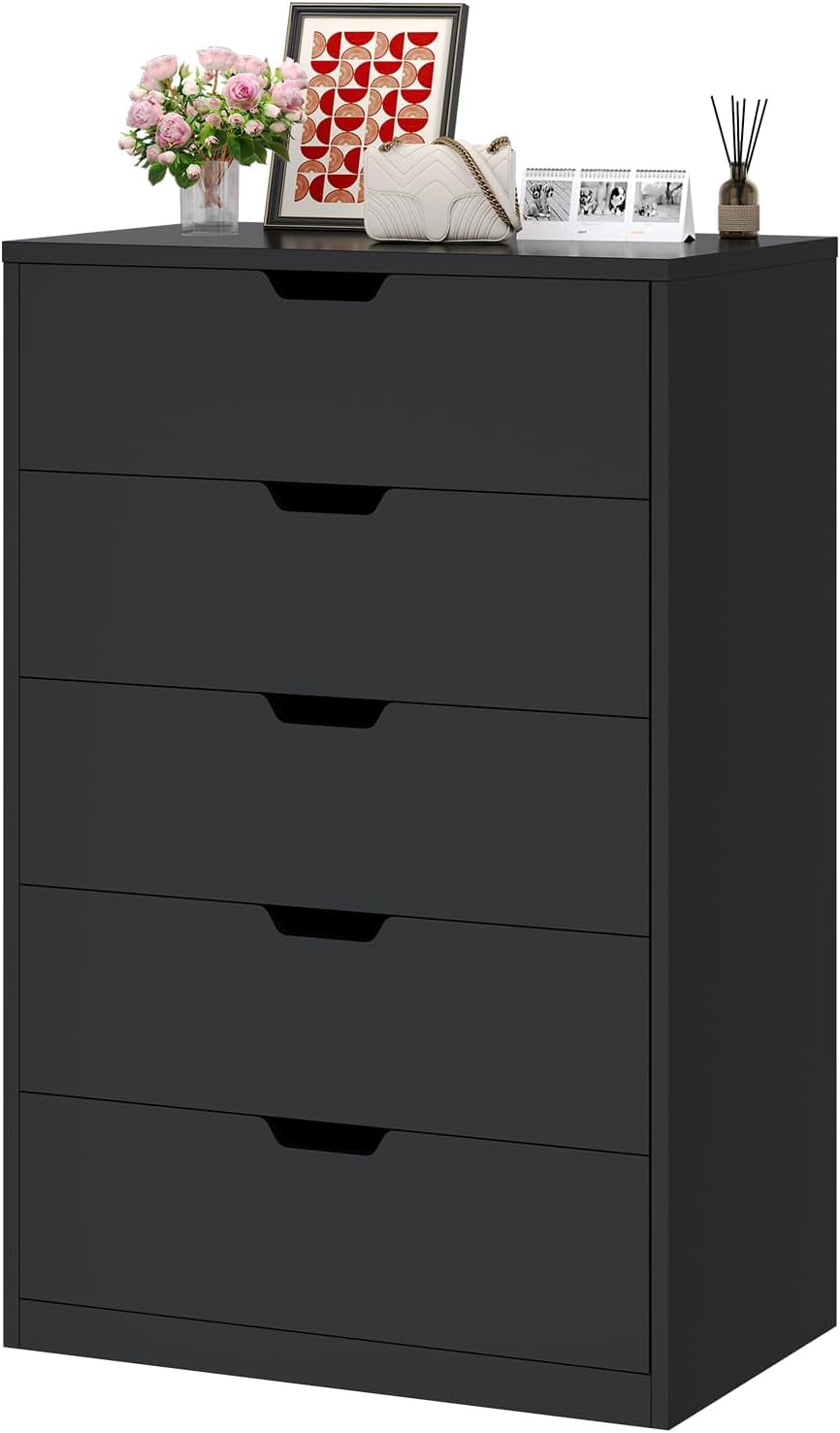 Afuhokles Tall 5 Drawer Dresser, Modern Chest of Drawers for Bedroom, Black