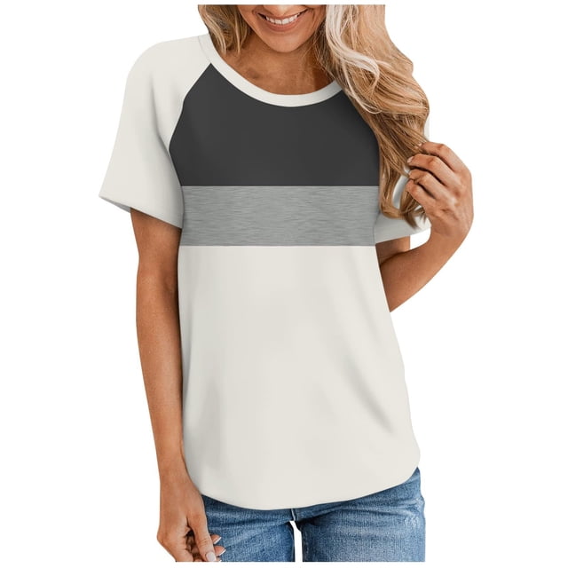 Timegard Haut pour Femmes Col Ras du Cou Épaules Tombantes Blouse à Manches Courtes Décontractée Confortable T-Shirt à Blocs de Couleur Haut