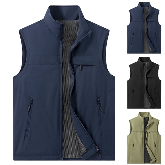 VBTAPA Men's Stand Collar Vest Lightweight Outdoor Fishing Travel Cargo Jacket Waistcoat with Multi Pockets Black L