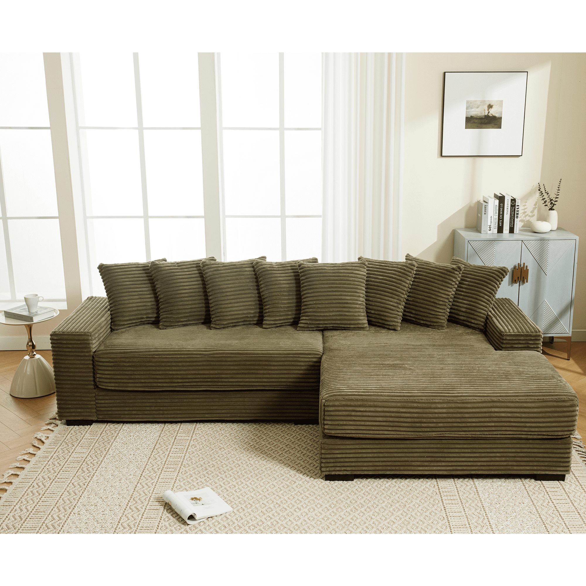 AISWORD 111" Oversized 3-Seat L-Shaped Sectional Sofa with Left Chaise, Luxury Corduroy Fabric Modular Couch with 8 Throw Pillows, Easy Assembly for Living Room