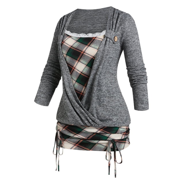 Camiseta Acanalada Talla Extra a Cuadros Rosegal Mangas largas de talla grande