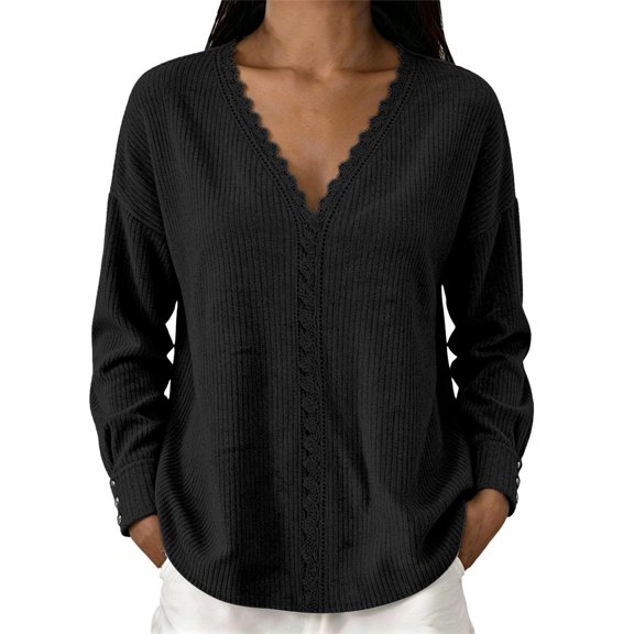 Uaswgudfs Women's Sweater Loose Fit Long Sleeve V Neck Scalloped Lace Trim Ribbed Knit Casual Pullover Top for Autumn Winter