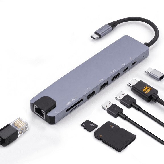 8 in 1 USB C Hub Multiport Adapter, USB C Dongle with 4K HD-MI, RJ45 Ethernet, 100W PD Charging, USB 3.0, SD/TF Card Reader, USB C Docking Station for MacBook Pro/Air and Other Type C Devices