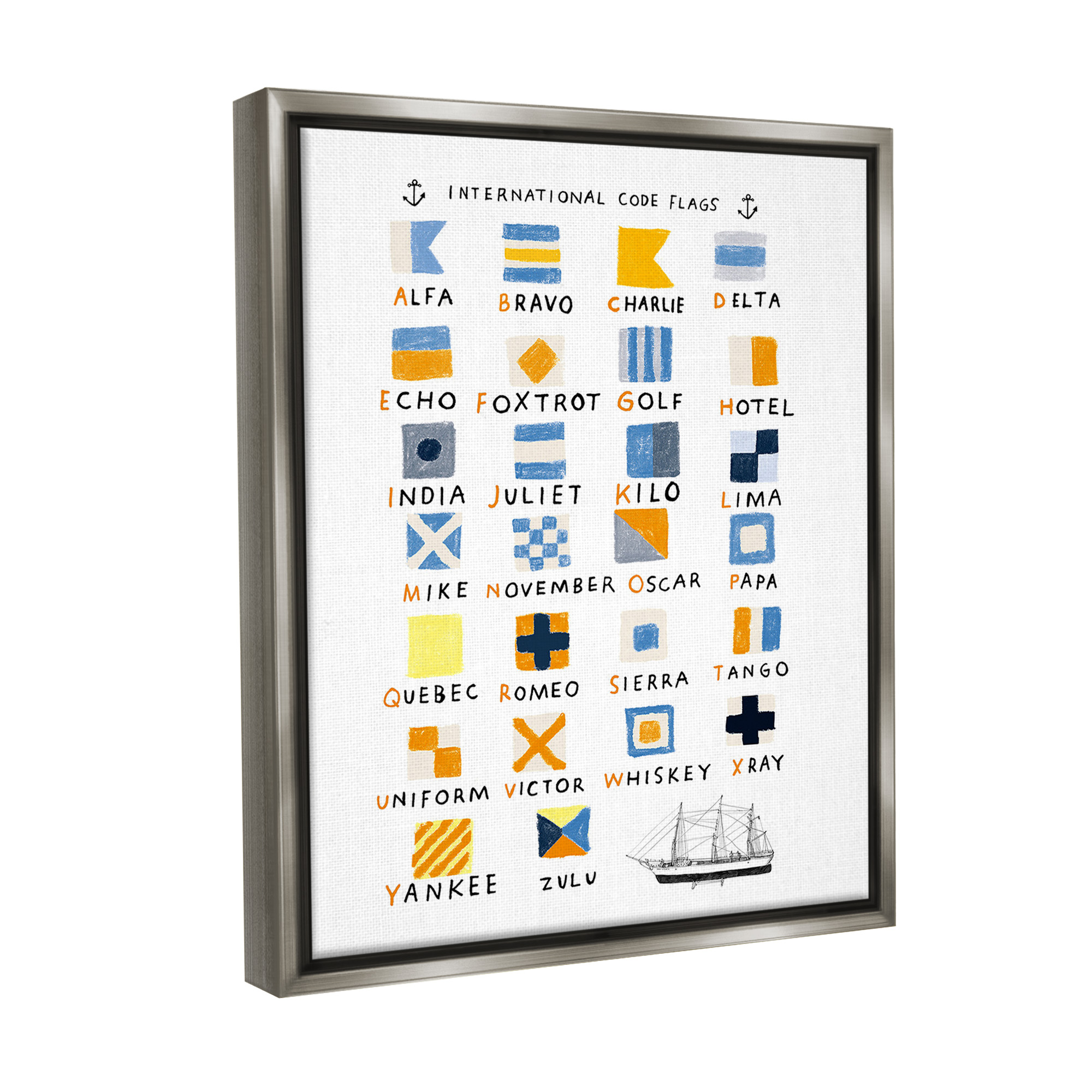 Stupell Industries Nautical Boat Flags Typography Painting Gray Floater Framed Canvas Art Print Wall Art, 17 x 21