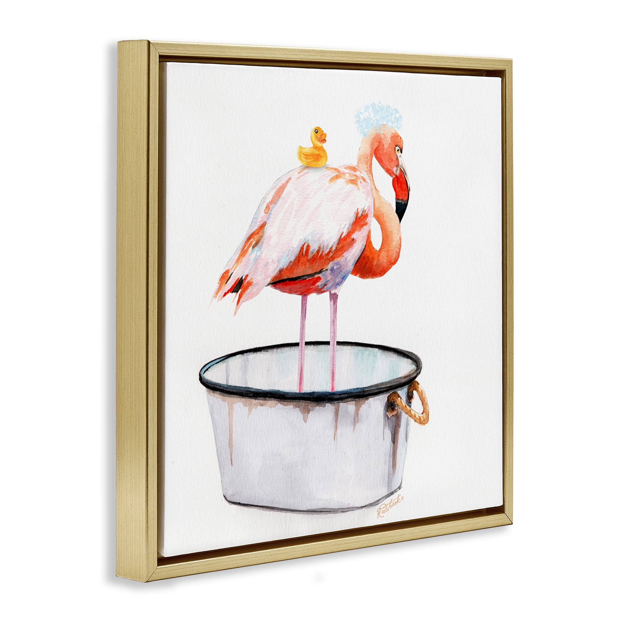 Stupell Industries Flamingo Bubble Bath Time Animals & Insects Painting Gold Floater Framed Canvas Art Print Wall Art, 18 x 18