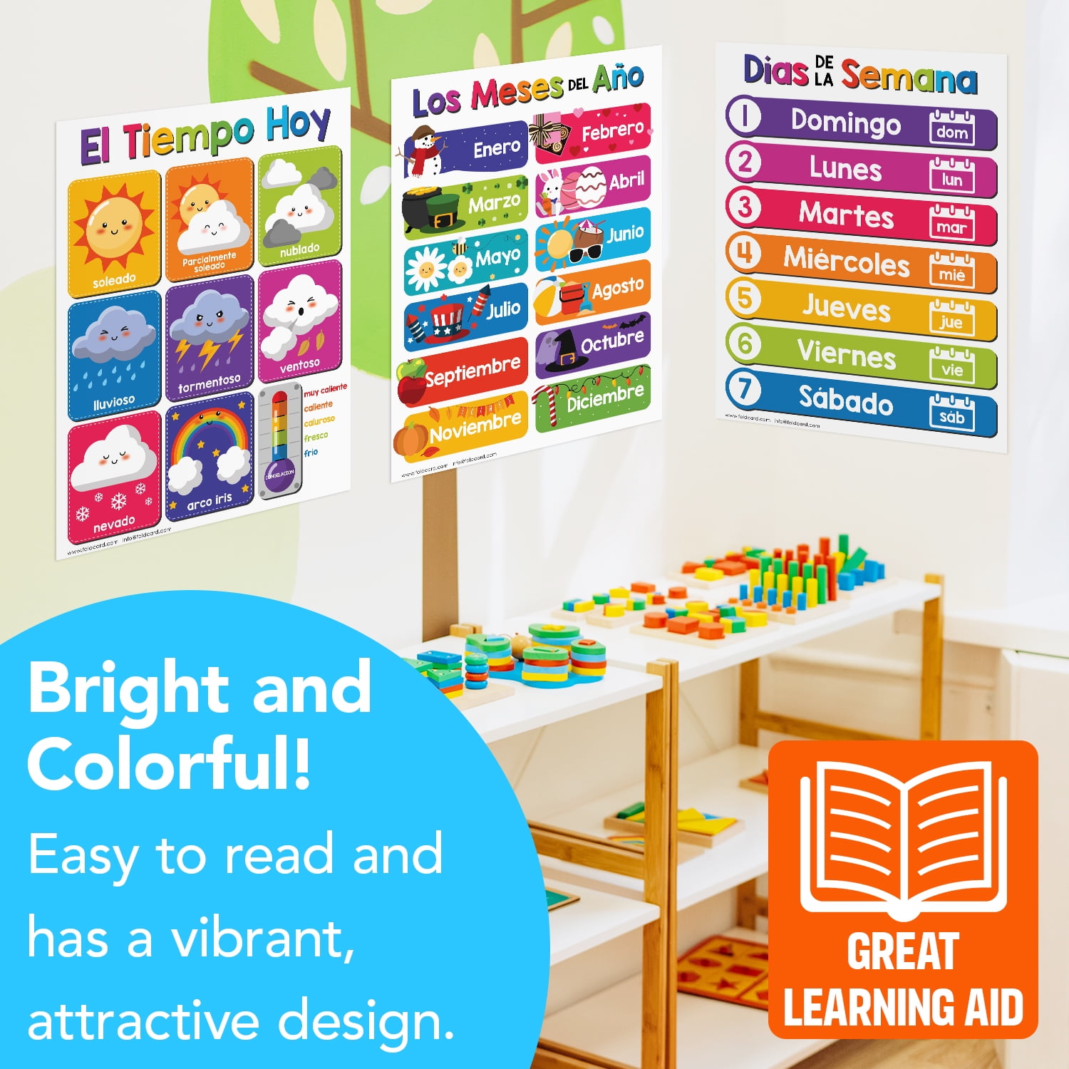 Spanish Educational Posters for Kids – Bundle of 14 Bilingual Classroom and Homeschool Learning Chart Decorations and School Materials, Preschool to Grade 3 | Durable, Glossy Cardstock | 8.5" x 11"