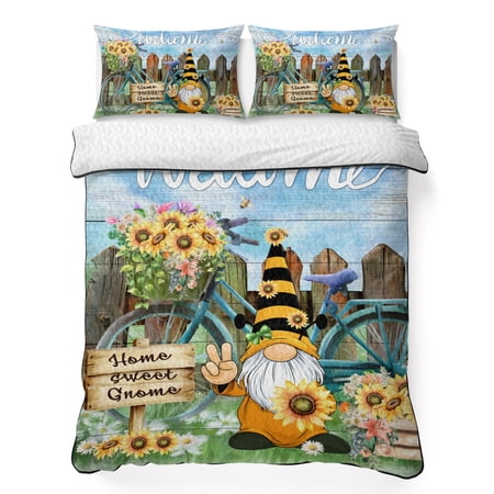 Full Quilt Bedding Set Welcome Words on Wood Board Breathable Summer Cooling Blanket for Hot Sleepers Sunflowers Gnome Lightweight Soft Bedding Set with 2 Pillow Shams for All Season