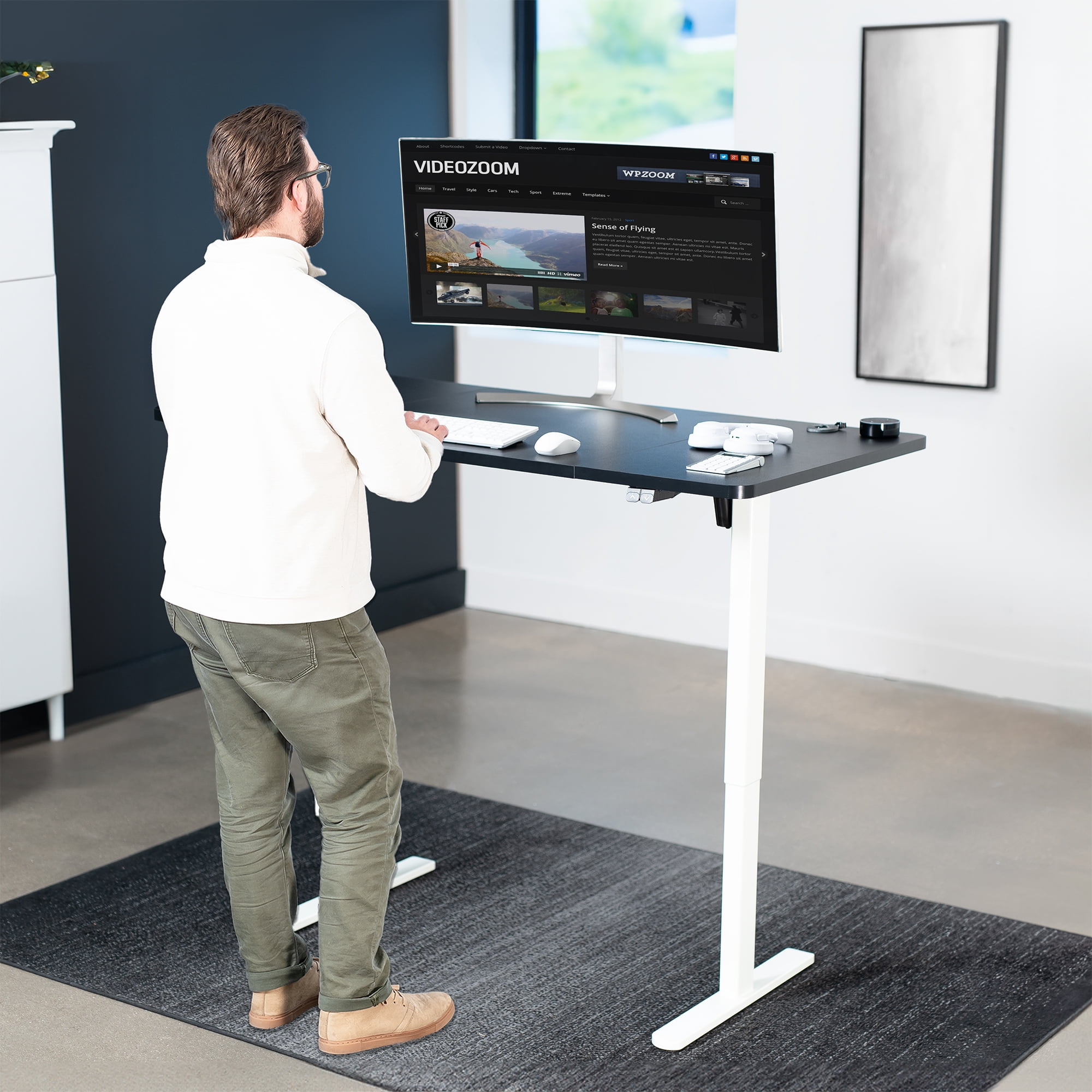 VIVO Electric 60” x 30” Stand Up Desk, Black Table Top, White Frame