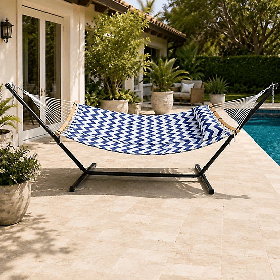 GearXpert Navy & White Chevron Double Hammock with 12 ft. Heavy-Duty Adjustable Steel Stand, 55 x 78.7 in. Outdoor Freestanding Hammock, 450 lb Capacity, Polyester Patio Backyard Camping Hammock for