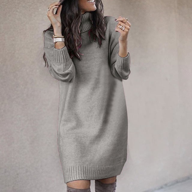 Otoño Invierno Vestido suéter de mujer Color sólido Vestido veraniego de cuello alto Casual vestidos tipo túnica de punto ropa para clima frío Vestido