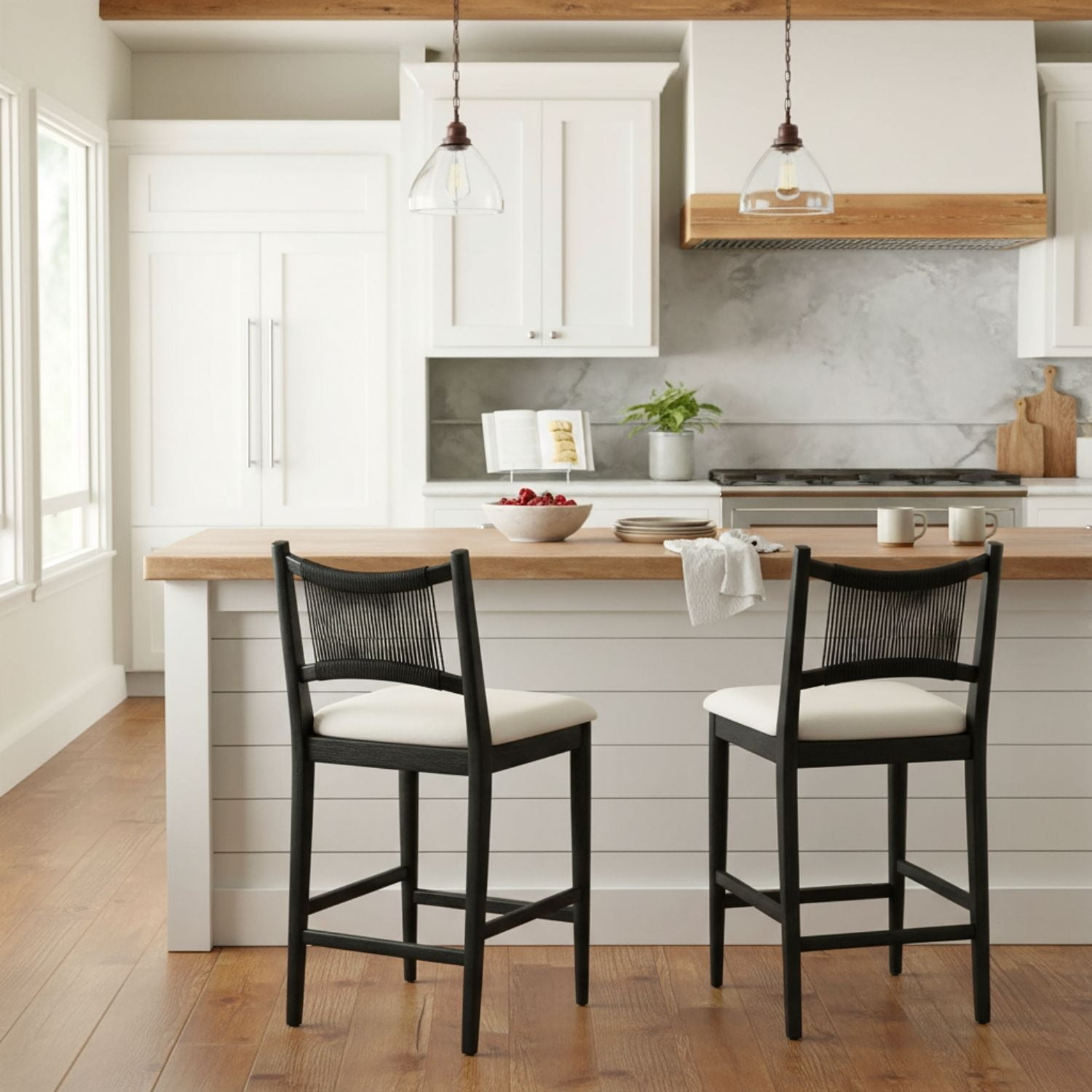 Dayalane Farmhouse Bar Stools Set of 2, 25.5" Counter Height Bar Stools with Paper Cord Woven Back and Solid Wood Frame, Chenille Upholstered Kitchen Island Chairs for Dining Room Home Bar, Black