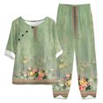 thumbnail image 2 of BLTIBY 2025 Cotton Linen 2 Piece Sets for Women Summer Printed Loose Short Sleeve Round Neck Shirts Wide Leg Pant Matching Set Plus Size Vacation Outfits Green M, 2 of 5