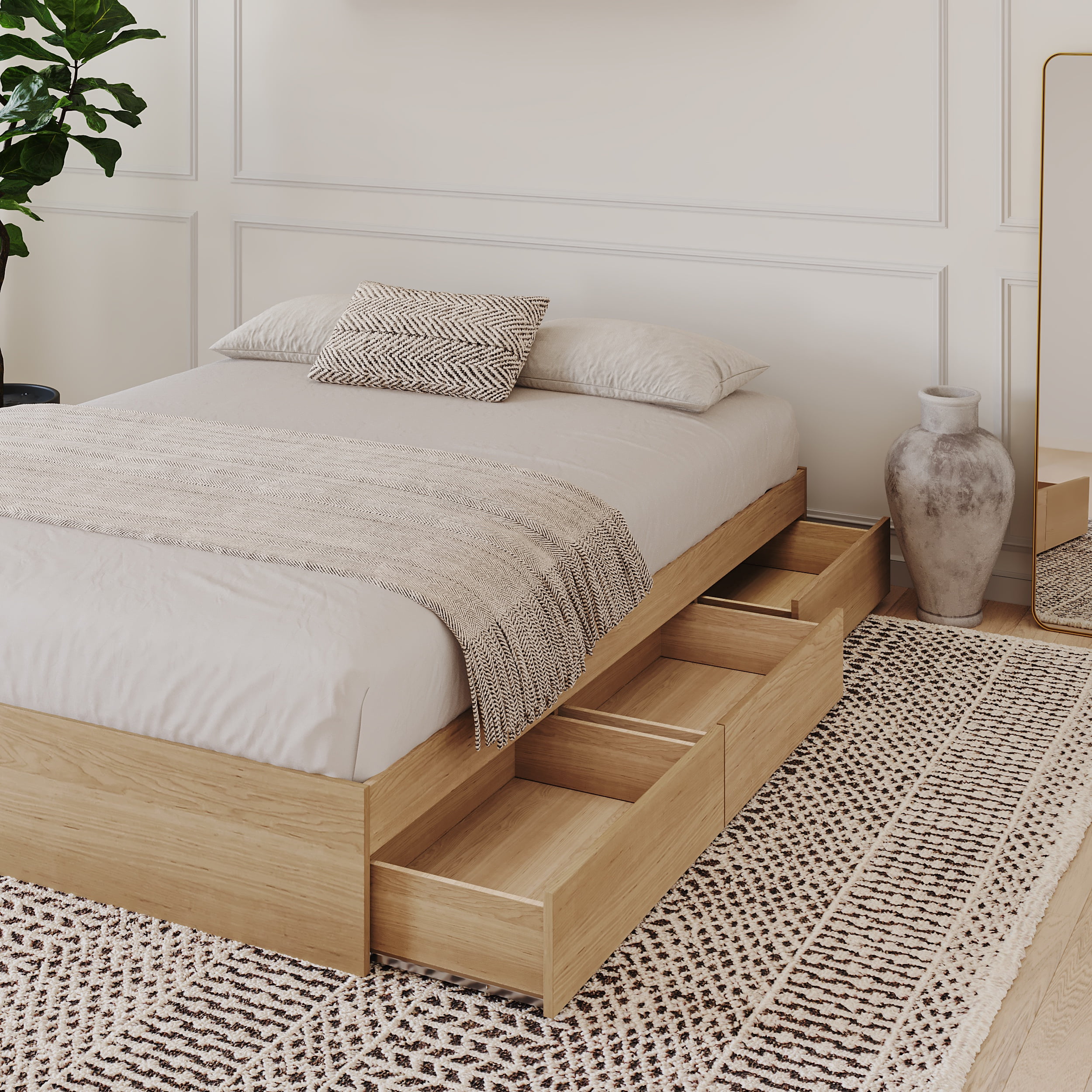 Nexera Queen Size Storage Wood Bed Frame with 3 Drawers, Natural Maple