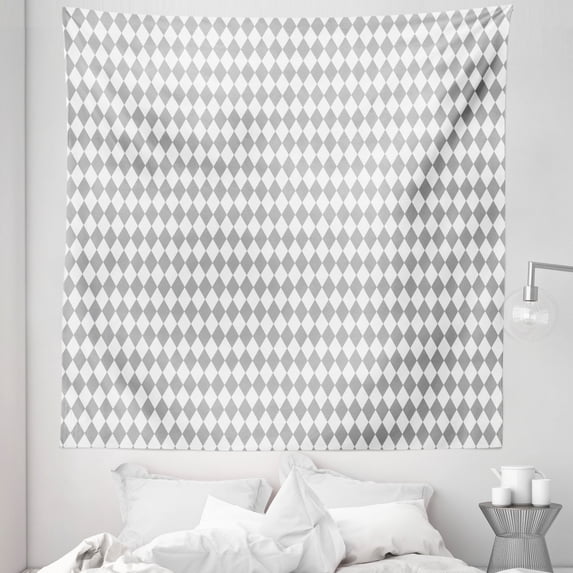 Grey Geometric Tapestry, Harlequin Style Pattern with Diamonds Elongated Square Shapes Print, Fabric Wall Hanging Decor for Bedroom Living Room Dorm, 5 Sizes, Pale Grey and White, by Ambesonne