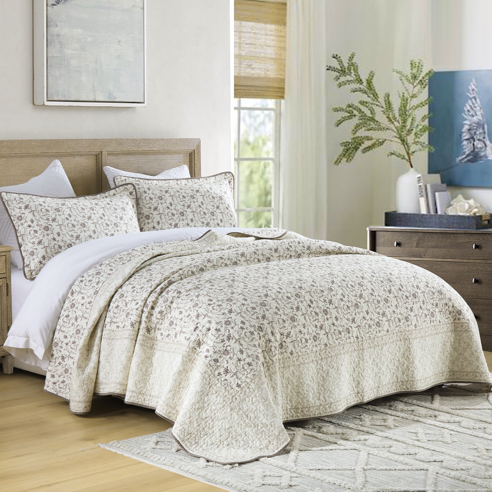 DDUOXIN Floral Beige Queen Size Quilts - 100% Cotton Queen Size Bedspread Quilt Set, Flower Quilted Bedspreads for Queen Bed, Lightweight Reversible Bedding Set for All-season, Purple/Beige Brown