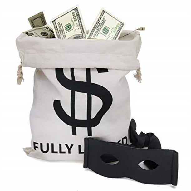 villain bank robber costume mask and fully loaded money bags. large