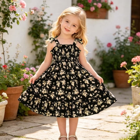 Dresses for Girls Floral Smocked Bow Tie Ruffle Sleeveless Party Dress Dress for Girls Black 3-4 Years