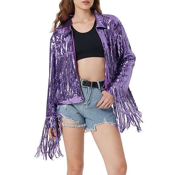 Wdgfv Women's Casual Sequin Fringe Jacket Shiny Disco 90s Retro Streetwear Glitter Tassel Outerwear Coat Party Theme