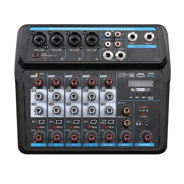 Mezclador de audio Baoblaze Mezclador de audio 6 canales pantalla digital LED Bluetooth 48V Power