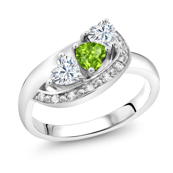 Gem Stone King 925 Sterling Silver Green Peridot and White Moissanite and White Created Sapphire Engagement Ring for Women (0.82 Cttw, Gemstone August Birthstone, Heart Shape 4MM, Size 6)