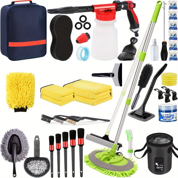 42-Piece Car Wash Detailing Kit - Includes Foam Gun, Long-Handle Wash Brush, Collapsible Bucket, Large Wash Mitt & Towels for Interior/Exterior Car Care
