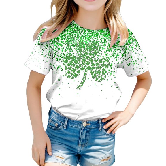 ibiyuan St Patricks Day T Shirts for Girls Love Heart Clover Printed Casual Short Sleeve Green Teen Girl Shirts Crew Irish Saint Tee Girls Tops,6-7 Years