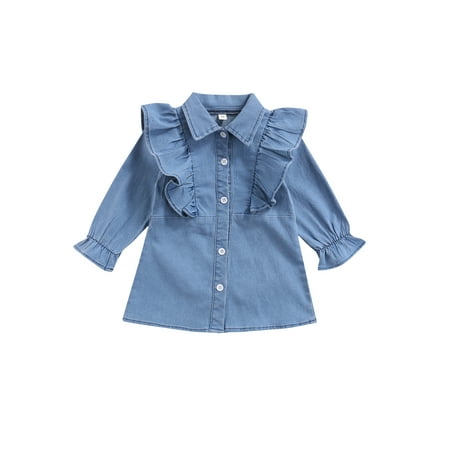 

Canrulo Autumn Kids Baby Girls Denim Dress Ruffles Long Sleeve Turn Down Collar Single Breasted A-Line Dress Blue 2-3 Years