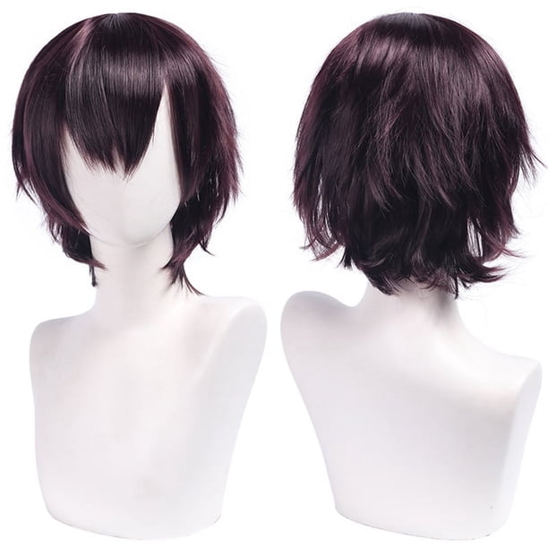 Zhuge Peluca de pelo corto unisex de anime, peluca de anime para cosplay, pelucas sintéticas resistentes al calor para fiesta de disfraces con flequillo, color morado oscuro y rojo