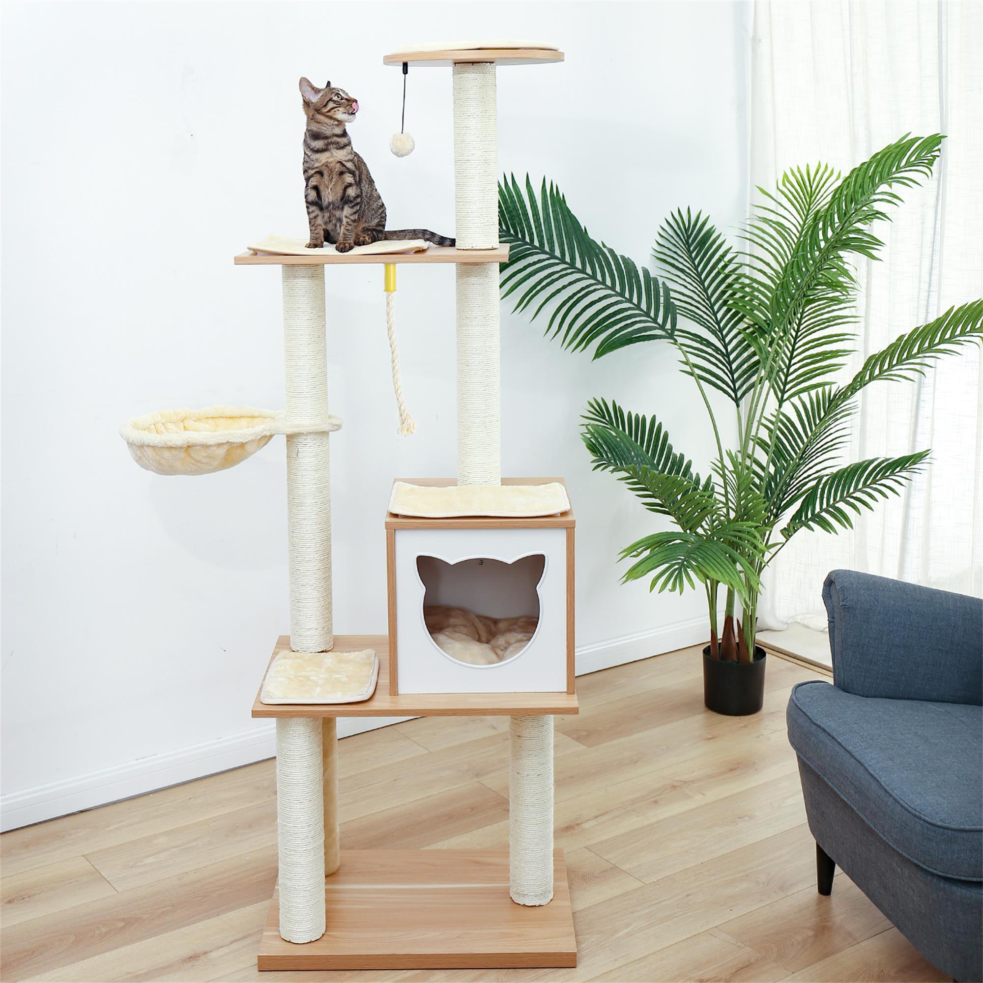 Pefilos 64" Multi-Level Cat Tree Tower for Big Cats, Wood Cat Condo for Indoor Cats with Scratching Posts, Beige Pefilos 64" Multi-Level Cat Tree Tower for Big Cats, Wood Cat Condo for Indoor Cats with Scratching Posts, Beige