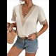 thumbnail image 2 of Blusas de Verano de Corta para Mujer, con Ribete de Encaje y Cuello en V, Elegantes e Informales, Color Abeja, S, 2 of 7