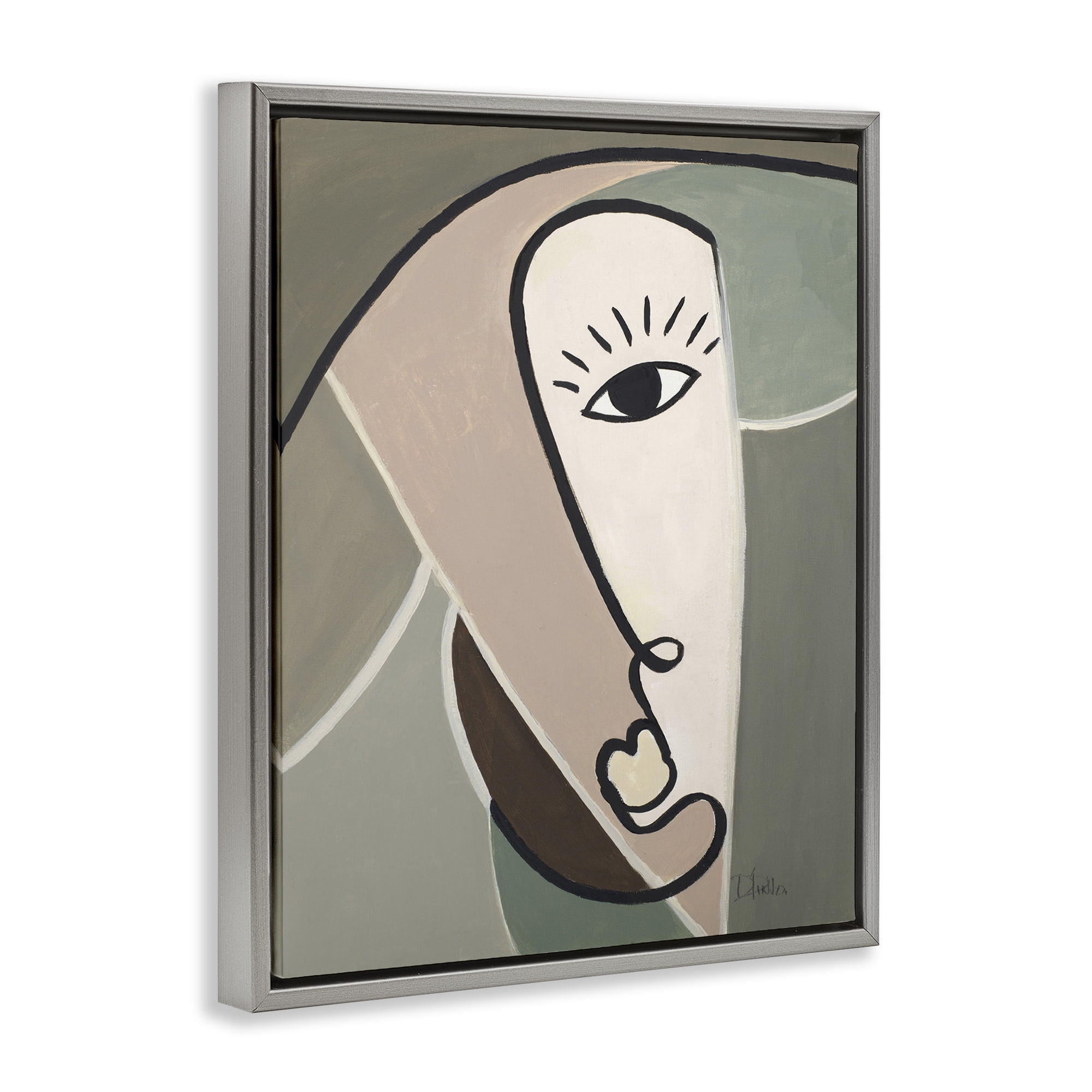 Stupell Industries Boho Cubism Face Abstract Painting Gray Floater Framed Canvas Art Print Wall Art, 25 x 31