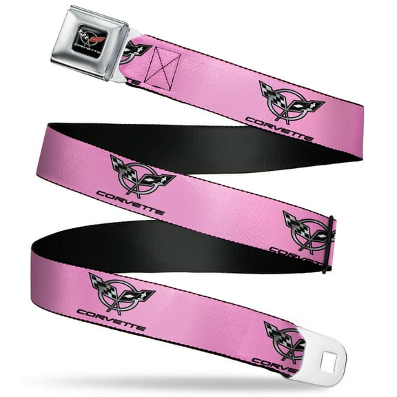 GM General Motors Belt, Seatbelt Buckle Belt, Corvette C5 Logo Repeat Pink Black Silvers, 24 to 38 Inches