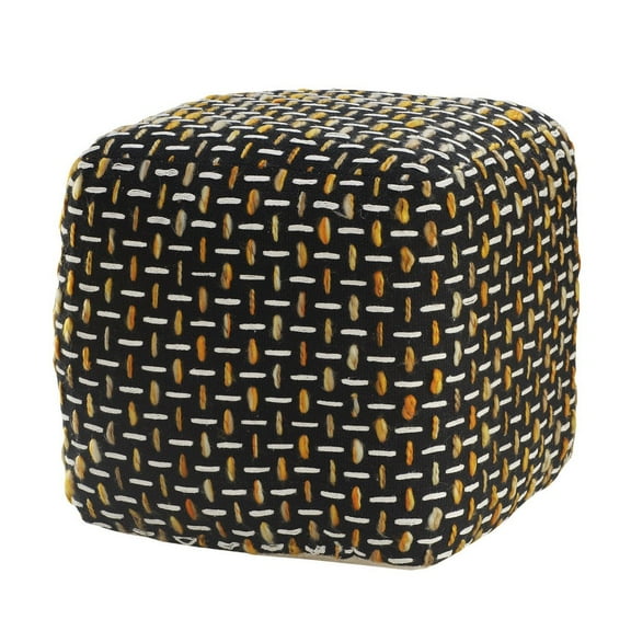 LR Home Medium Embroidered Geometric Indoor Square Pouf, Black/Yellow, 16" x 16" x 16"