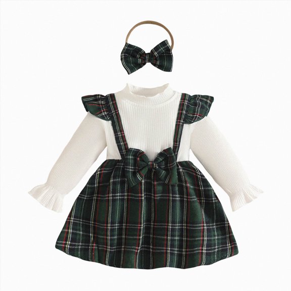 YDFCWXW Toddler Girl Plaid Long Sleeve Patchwork Rib Ruffled Shirts Baby Romper Clothes (Dark Green, 12-18 Months)