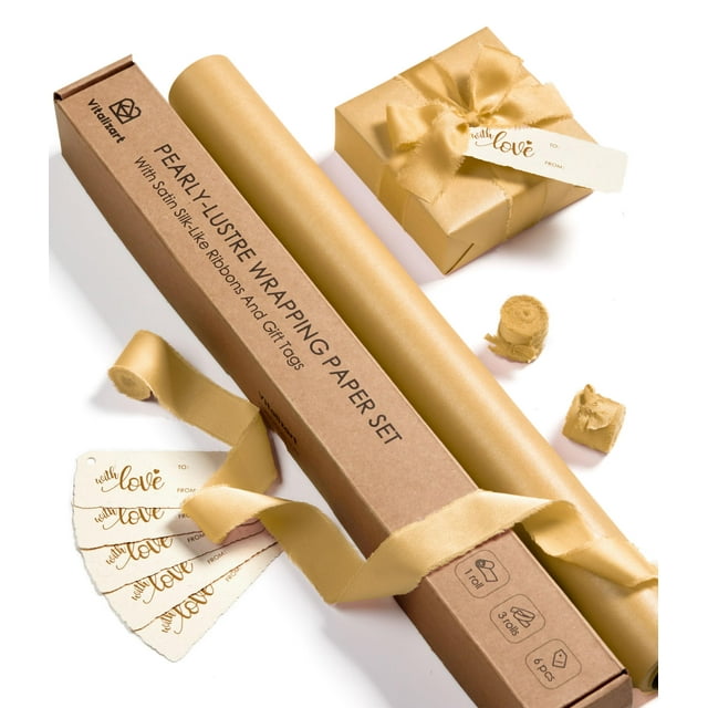 Juego de papel de regalo Vitalizart Gold Pearly-Lustre de 5 m con cinta
