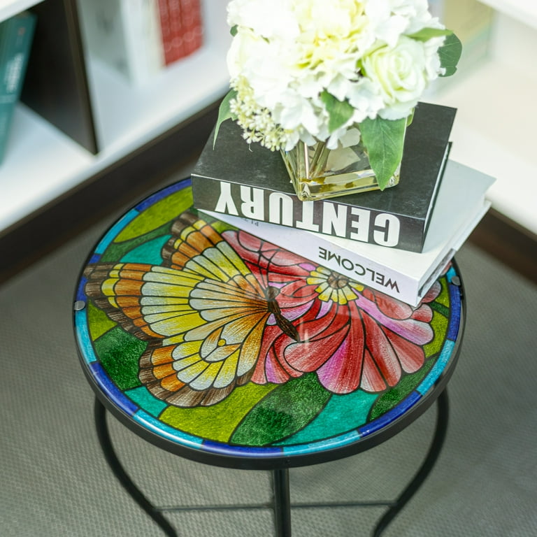 Wonder Garden Outdoor Side Table for Garden Indoor Accent Table with Glass Top Round Plant Stands Balcony Coffee Table for Patio Yard Lawn