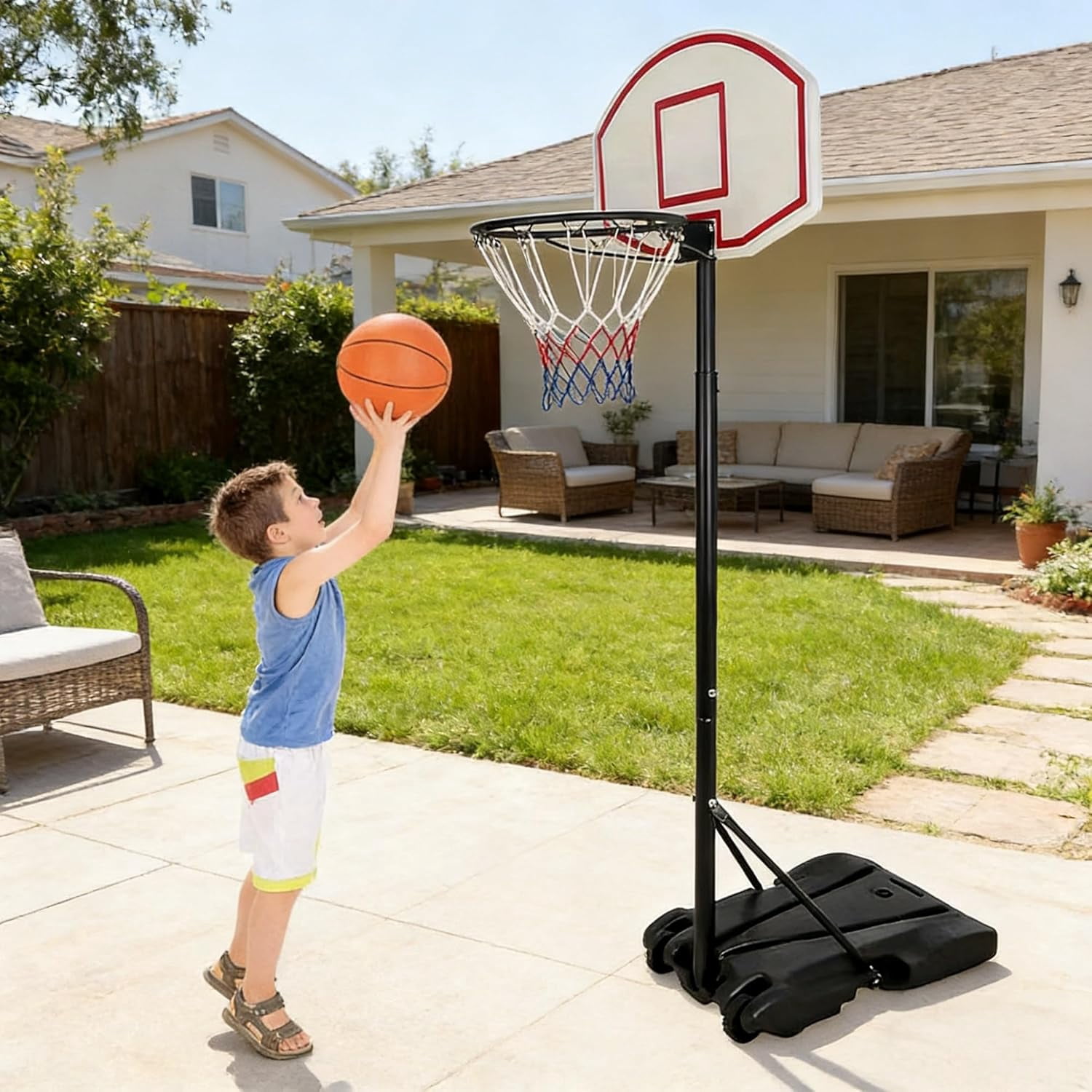 WLTER Portable Basketball Hoop Outdoor, Adjustable Basketball Goal 5.4-7Ft, Basket Ball Hoop for Kids, Youth, Driveway Backyard Hoop with PC Backboard