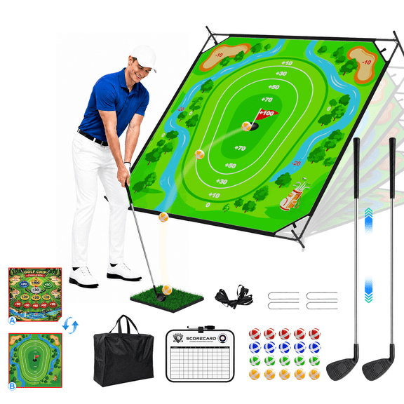 Golf Chipping Game Set, 5.9ft×5.9ft Dual-Sided Portable Chipping Practice Mat, Indoor Outdoor Adjustable Slope Golf Training Equipment