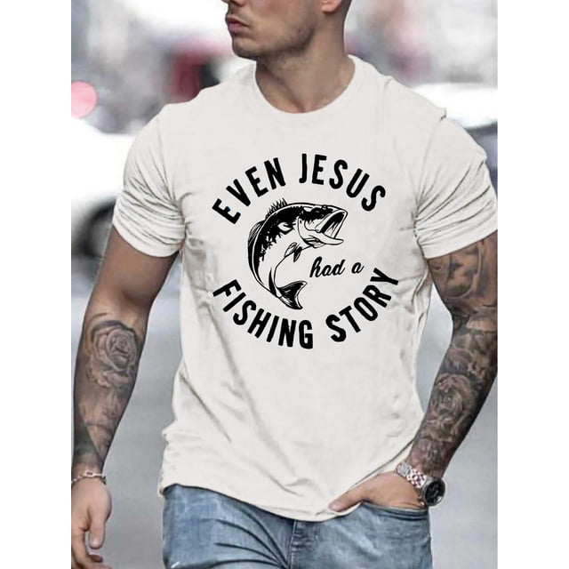 Camiseta de cuello redondo con estampado "Incluso Jesús tenía una historia de pesca", camiseta informal de punto con ligera elasticidad para verano - Corte regular, camisetas informales