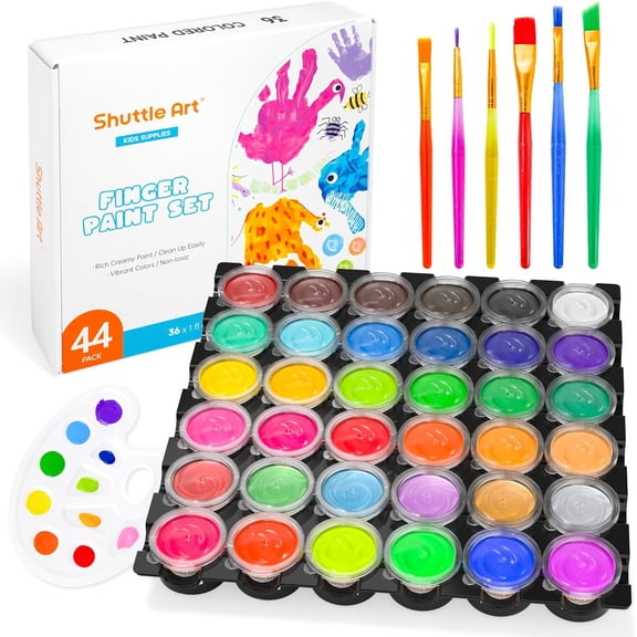 Washable Finger Paint, Shuttle Art 44 Pack Kids Paint Set with 36 Colors Toddler Paints(30ml, 1oz) for Toddlers, Paint Brushes, Finger Paint Paper Pad, Palette, Non Toxic Paint for Kids Art