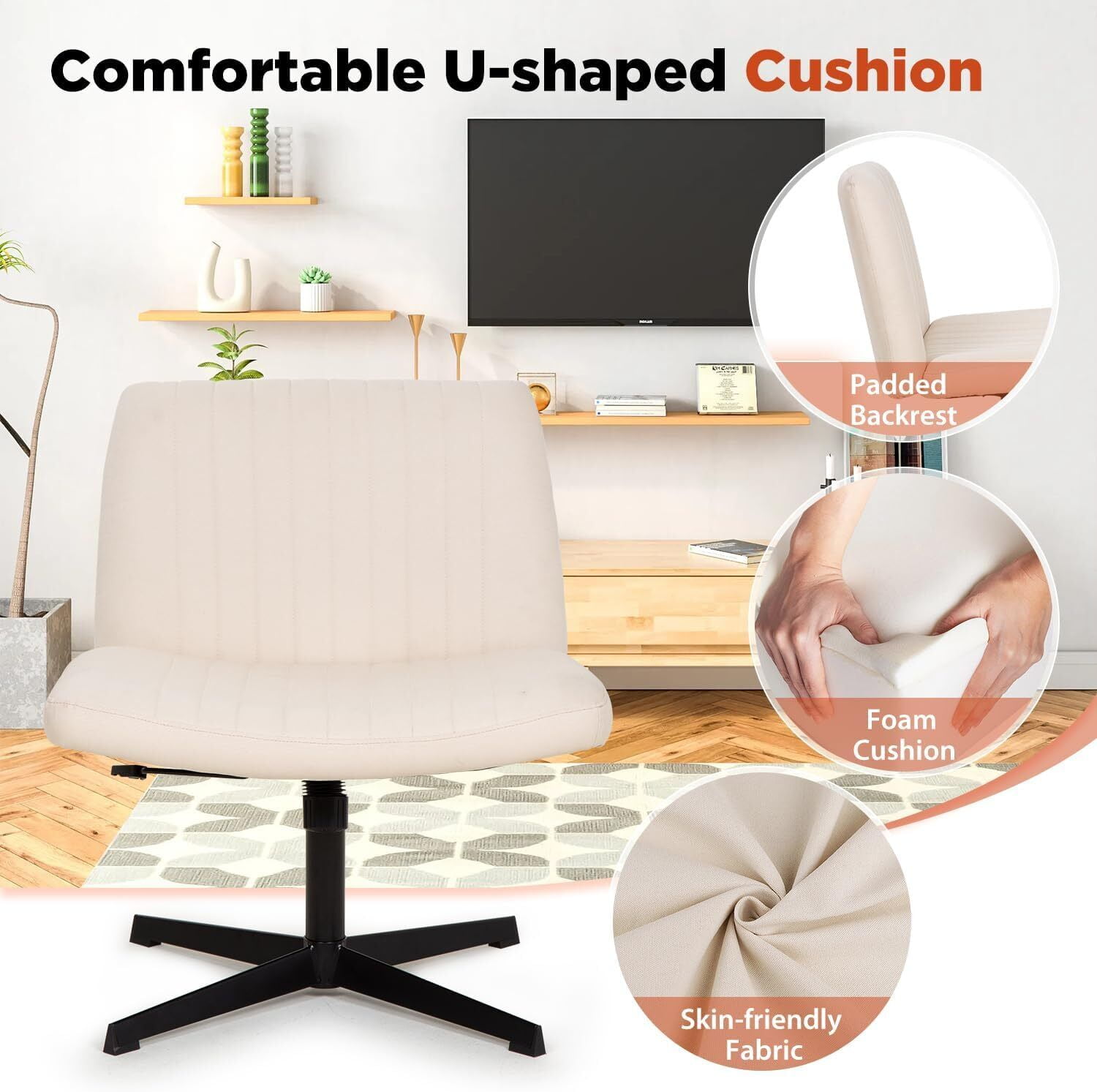 MarketLane Criss Cross Chair Armless Cross Legged Office Desk Chair Adjustable Swivel Ergonomic Desk Chair No Wheels U Shaped Backrest with Wide Seat Native Sponge Computer Task Vanity Chair(Beige)