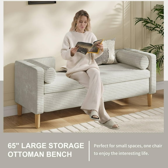 Qiushi 65" Large Storage Ottoman Bench with 2 Pillows, Corduroy Upholstered Entryway Bench with Wood Leg, End of Bed Bench with Straight Armrest, Window Bench for Bedroom, Entryway (Light Grey)